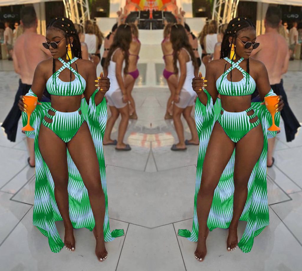 Green & white strappy full bikini with a matching long caftan