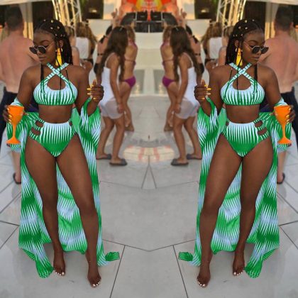 Green & white strappy full bikini with a matching long caftan