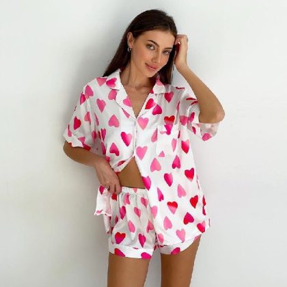 Silky hears shorts & short sleeve pj set